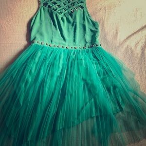 English Rose teal tea party dress with lattice top